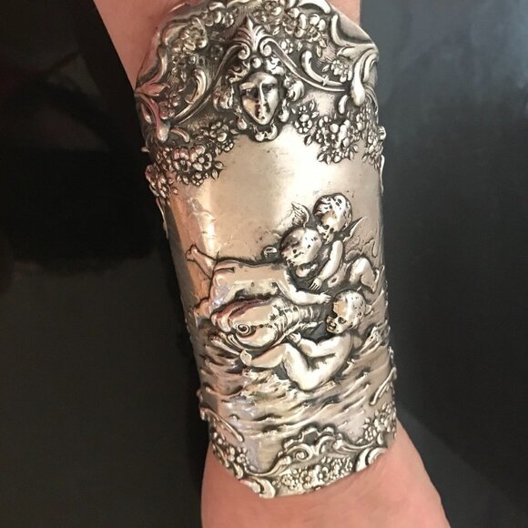 Cherub Gorham Sterling Silver 925 Bracer Wide Cuff Bracelet Gladiator Victorian - Picture 11 of 11